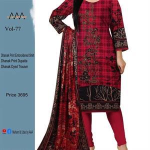 3 Pcs Women's Unstitched Dhanak Embroidered Suit